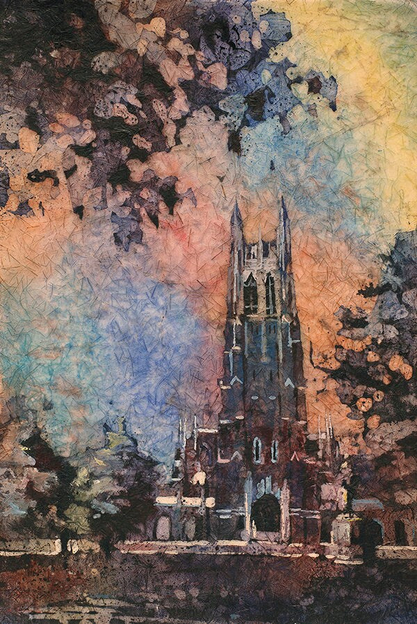 Duke Chapel en el campus de la Universidad de Duke - Durham, Carolina del Norte (EE. UU.) Obra de arte de Duke Chapel acuarela batik impresión arte de pared Universidad de Duke (impresión)