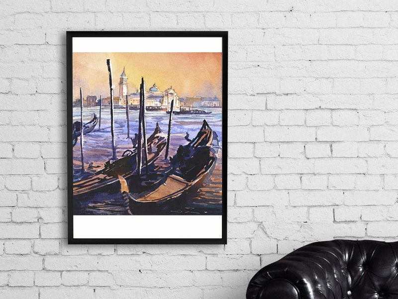 Romantic Venice scene with Church of Santa Maria della Salute and gondolier in luminous watercolor.