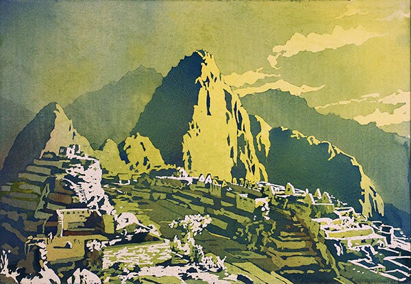 Original watercolor of Machu Picchu surrounded by cloud-kissed peaks, perfect as colorful home decor and a thoughtful alumni present.