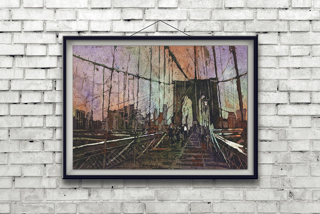 Twilight scene of NYC skyline captured in watercolor with the Brooklyn Bridge arching gracefully in the foreground—ideal wall decor.
