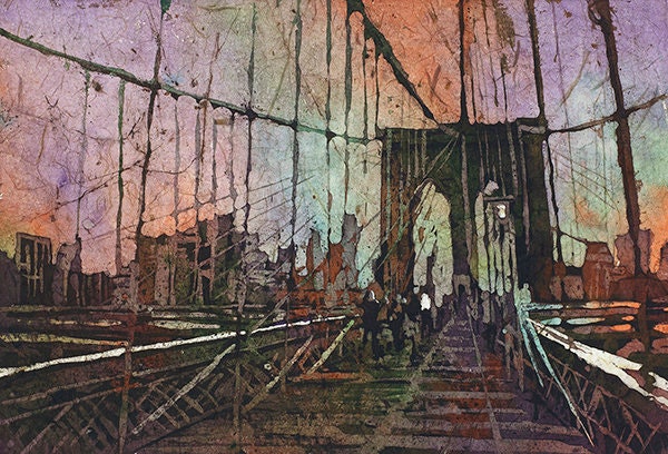 Watercolor print of New York City landmarks with warm sunset colors and architectural detail—Brooklyn Bridge painting for urban art fans.