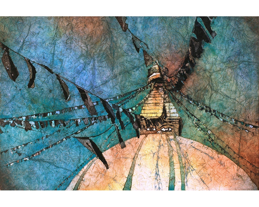 Batik painting of Swayambhunath Buddhist stupa in the Kathmandu Valley- Nepal fine art print watercolor wall art Buddhist stupa (print)