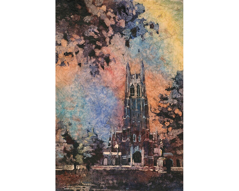Duke Chapel en el campus de la Universidad de Duke - Durham, Carolina del Norte (EE. UU.) Obra de arte de Duke Chapel acuarela batik impresión arte de pared Universidad de Duke (impresión)