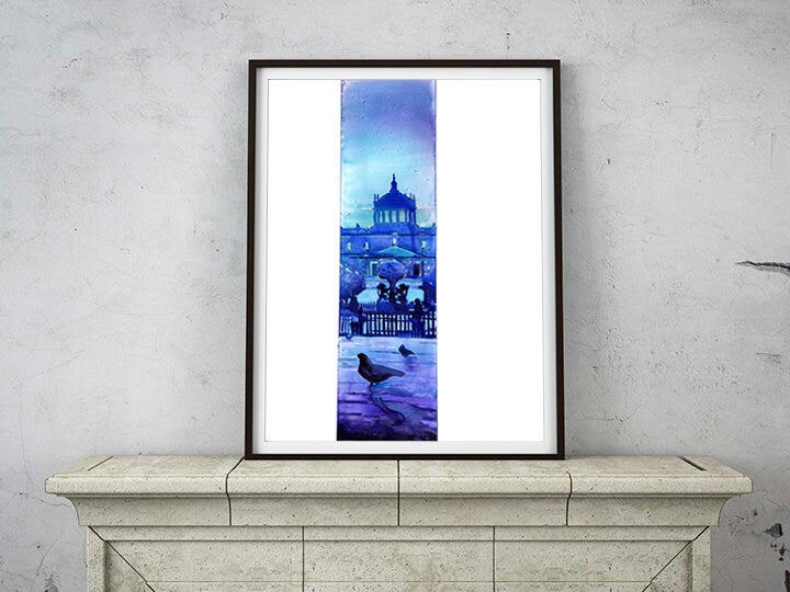 Guadalajara Mexico plaza with pigeons.  Fine art watercolor church artwork Guadalajara Mexico painting (print)