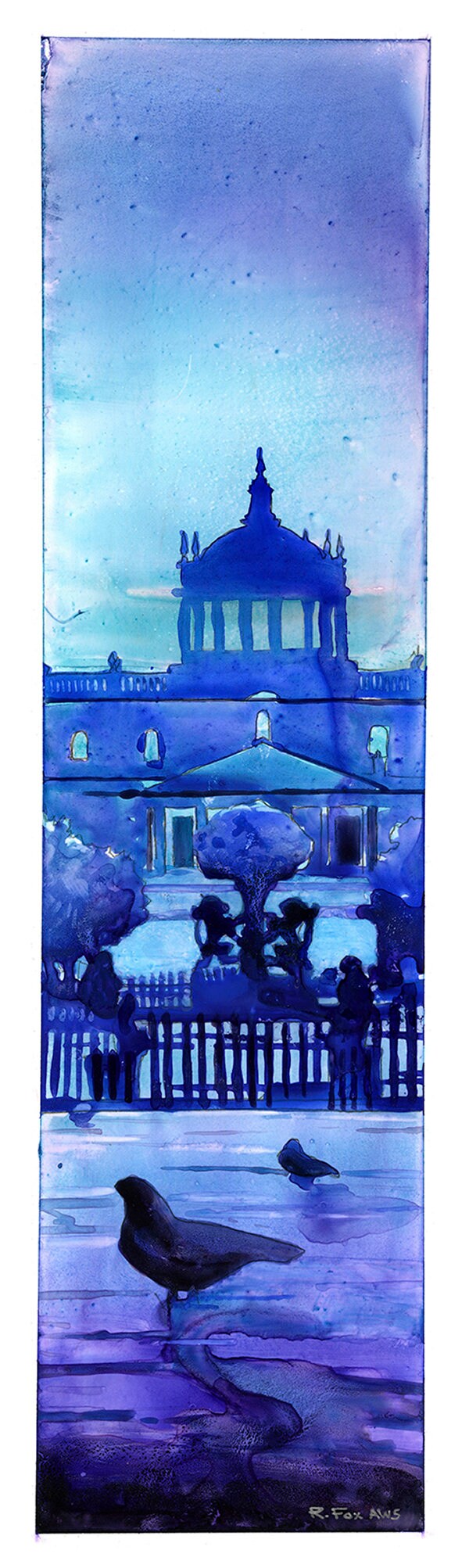 Guadalajara Mexico plaza with pigeons.  Fine art watercolor church artwork Guadalajara Mexico painting (print)