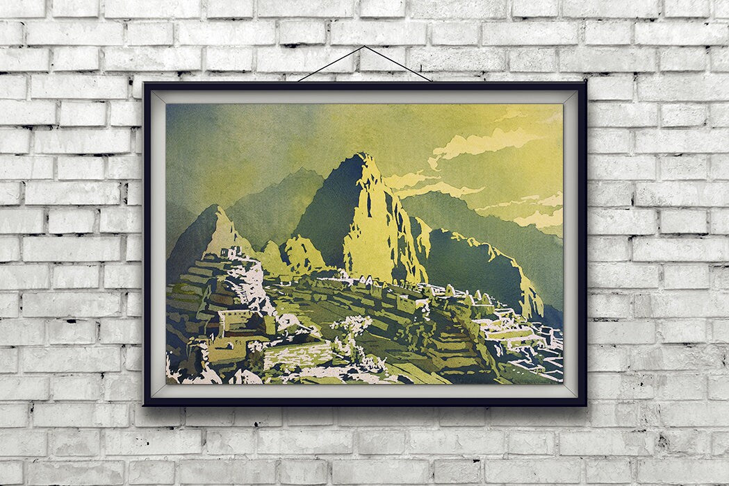 Sacred Valley Peru print featuring Machu Picchu in bold brush strokes and rich color gradients—great for South America art collectors or as a gift for her.