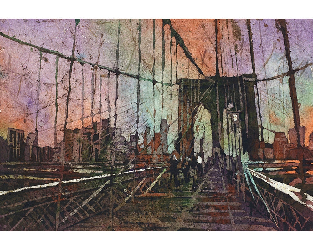 Brooklyn Bridge and skyscrapers of Manhattan at sunset in New York City- New York, USA. Watercolor painting.