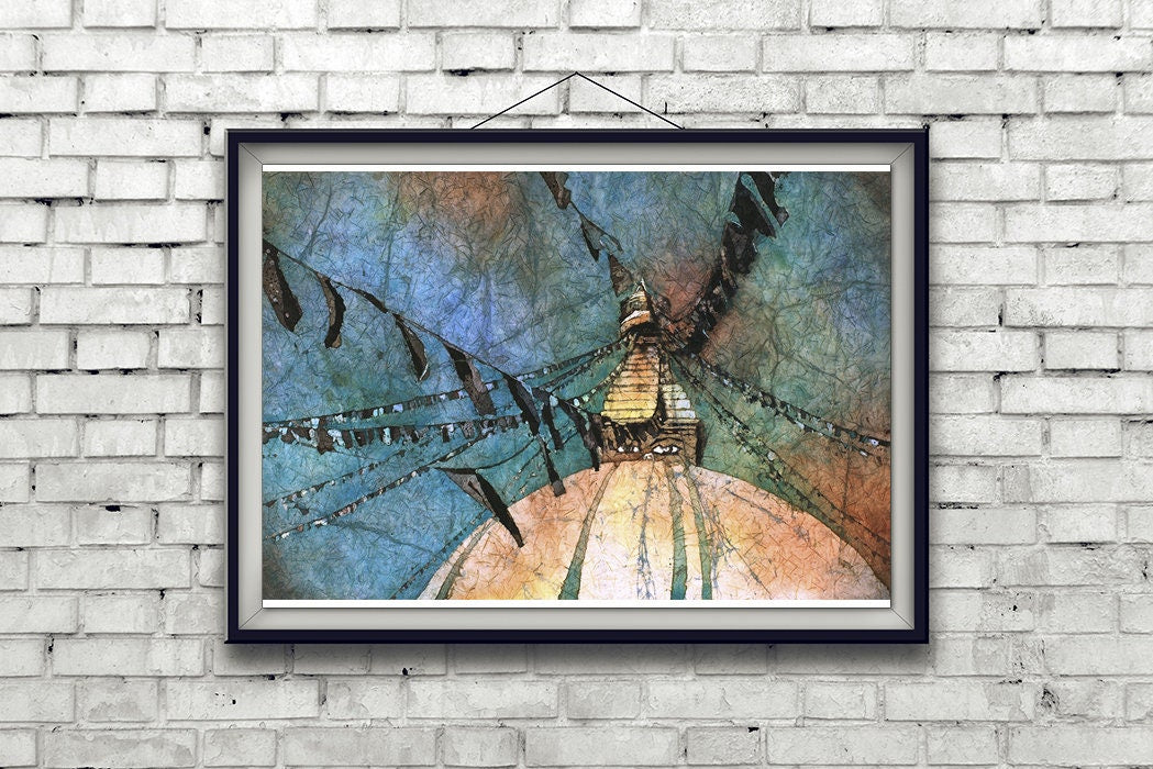 Batik painting of Swayambhunath Buddhist stupa in the Kathmandu Valley- Nepal fine art print watercolor wall art Buddhist stupa (print)