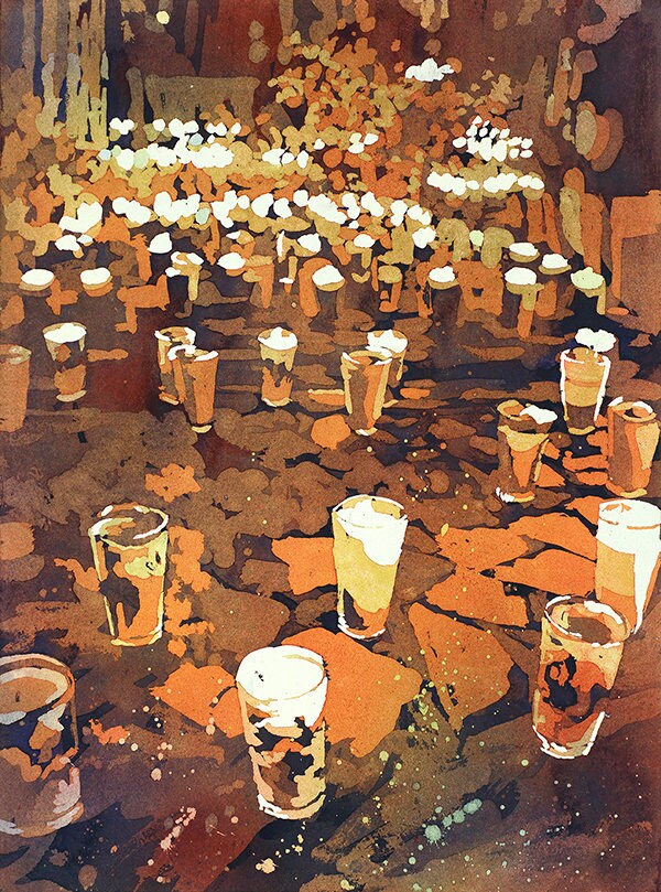 Vibrant and moody batik painting of graves aglow with candles during Day of the Dead, offering a unique and meaningful statement for interior spaces.