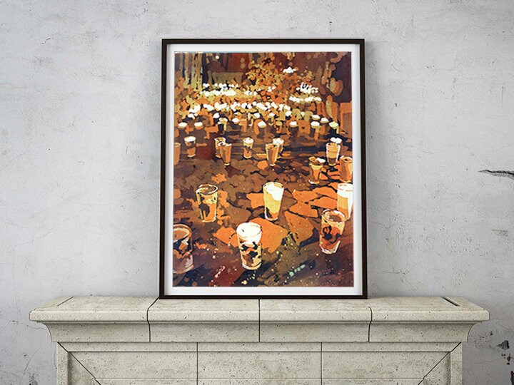 Original watercolor batik on rice paper of candle offerings in a Mexican cemetery during Día de los Muertos—fine art print for serene and reflective home decor.