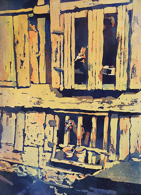 Pollos en jaula en el mercado de Ollantaytambo (Valle Sagrado), Perú. Arte del pollo, mercado Perú, cocina de arte alimentario acuarela del Valle Sagrado (impresión)