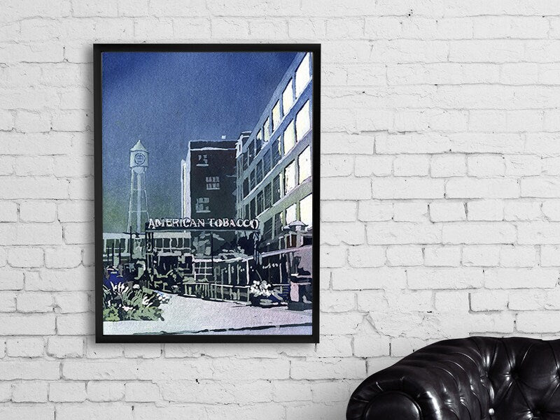 Durham, NC at sunset- watercolor painting of American Tobacco Campus at night. NC fine art print, tobacco mill Durham, home decor art (print)