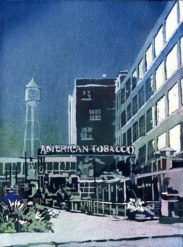 Durham, NC at sunset- watercolor painting of American Tobacco Campus at night. NC fine art print, tobacco mill Durham, home decor art (print)
