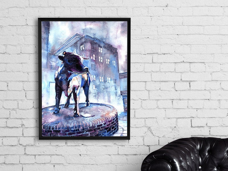 Durham Bull bronze statue in downtown Durham, NC at dusk.  Fine art painting of bull statue in downtown Durham, home decor (print)