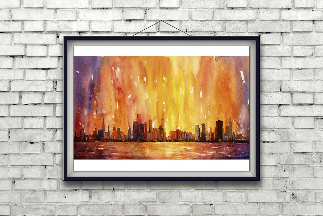 Fine art watercolor painting of downtown Chicago, Illinois (USA) skyline at dawn as viewed from Lake Michigan