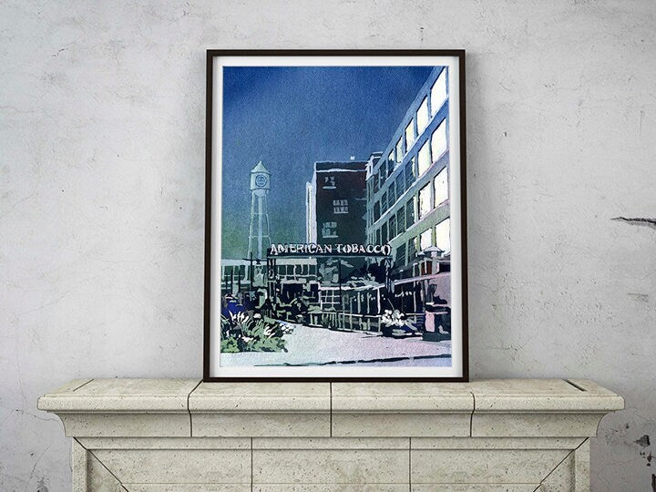 Durham, NC at sunset- watercolor painting of American Tobacco Campus at night. NC fine art print, tobacco mill Durham, home decor art (print)