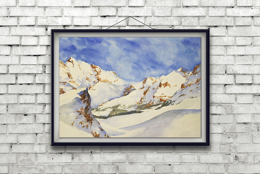 Pintura de acuarela de los Alpes suizos: pintura de acuarela de bellas artes de los Alpes suizos cubiertos de nieve. Paisaje de acuarela Suiza impresión de bellas artes