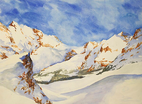 Pintura de acuarela de los Alpes suizos: pintura de acuarela de bellas artes de los Alpes suizos cubiertos de nieve. Paisaje de acuarela Suiza impresión de bellas artes