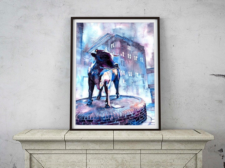 Durham Bull bronze statue in downtown Durham, NC at dusk.  Fine art painting of bull statue in downtown Durham, home decor (print)