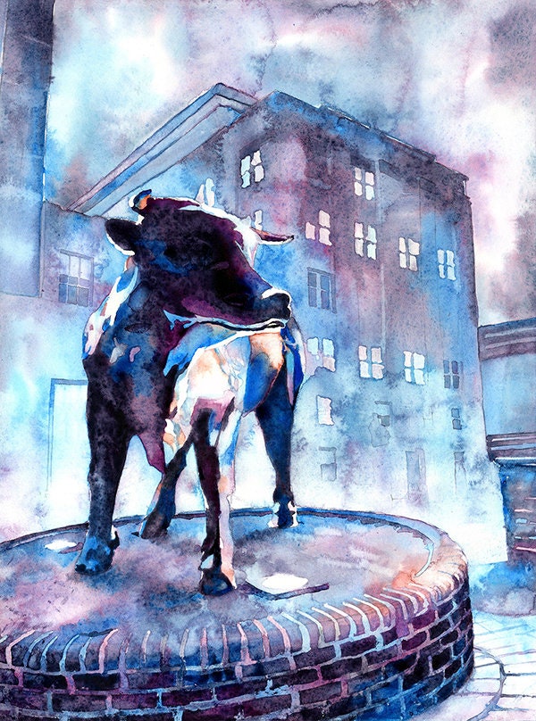 Durham Bull bronze statue in downtown Durham, NC at dusk.  Fine art painting of bull statue in downtown Durham, home decor (print)
