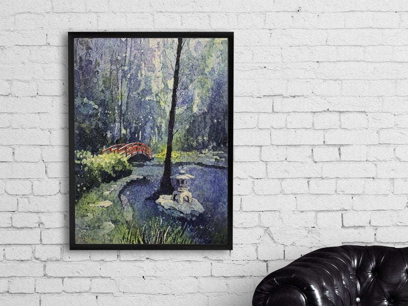 Colorful watercolor (print) showing the famous red bridge at Sarah P. Duke Gardens, set within a peaceful woodland scene, perfect for alumni wall art and home interiors.