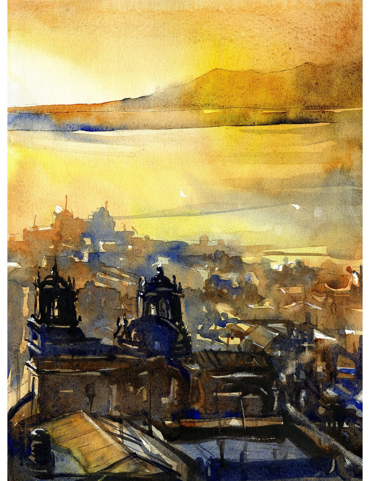 Watercolor painting of Baroque cathedral in Puno, Peru on Lake Titicaca at sunrise.  Landscape painting Peru Lake Titicaca art, home decor