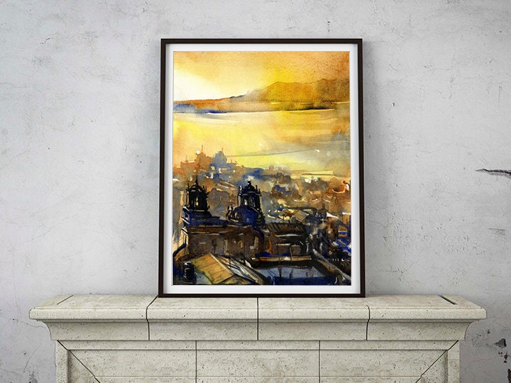 Watercolor painting of Baroque cathedral in Puno, Peru on Lake Titicaca at sunrise.  Landscape painting Peru Lake Titicaca art, home decor