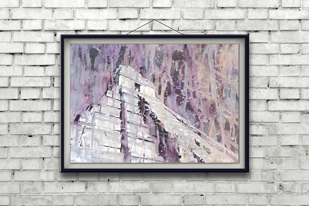 Tikal Mayan ruins in Guatemala. Fine art watercolor painting Tikal Guatemala ruins art colorful artwork painting for house Guatemala art (print)