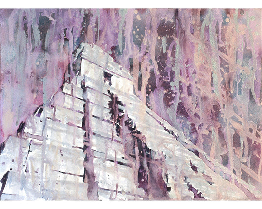 Tikal Mayan ruins in Guatemala. Fine art watercolor painting Tikal Guatemala ruins art colorful artwork painting for house (original art)