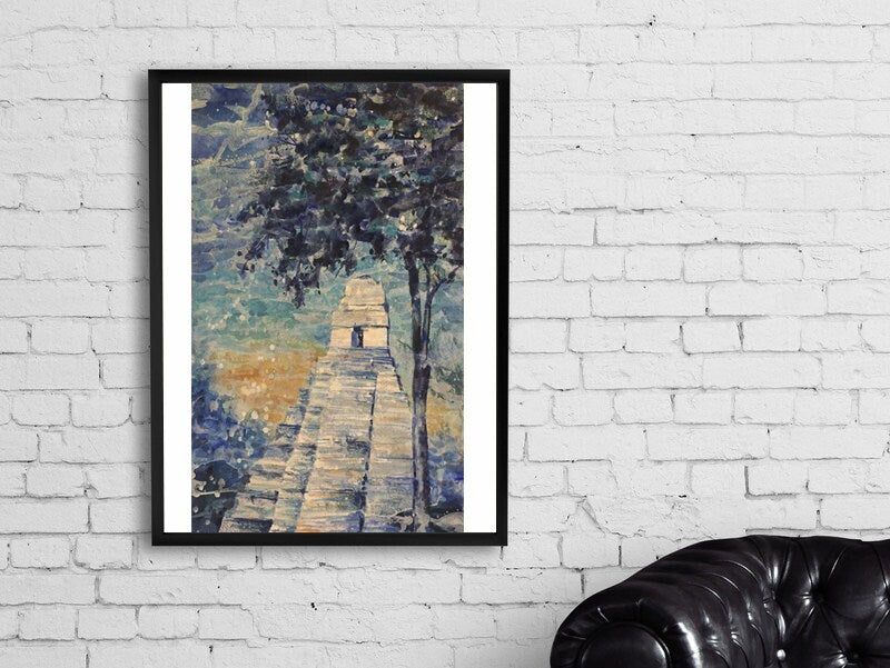 Mayan ruins at Tikal, Guatmala- watercolor painting. Fine art painting Tikal Guatemala ruins art colorful artwork painting for house