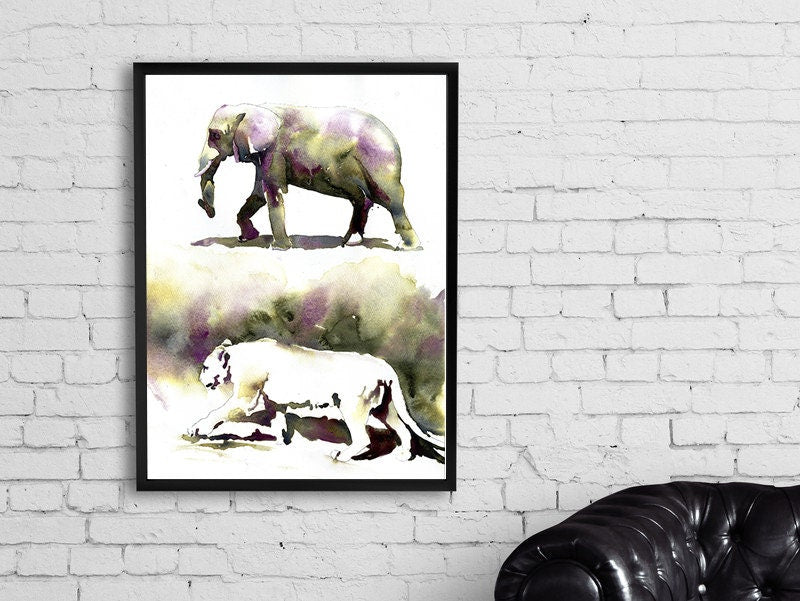 Watercolor painting of elephant and mountain lion.  Animals at zoo, lion art, mountain lion painting, elephant watercolor painting colorful