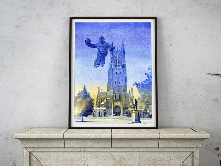 Playful Duke Chapel university artwork showing a giant monster dunking a basketball over the chapel spire, a creative March Madness gift print for basketball fans and alumni.