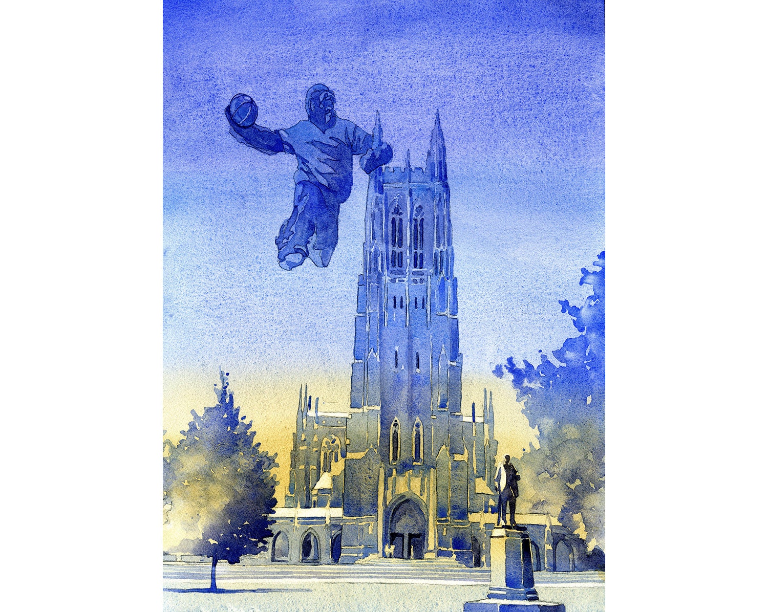 Whimsical watercolor print of Duke Chapel at Duke University being dunked on by a towering monster, blending university artwork with March Madness basketball art flair.
