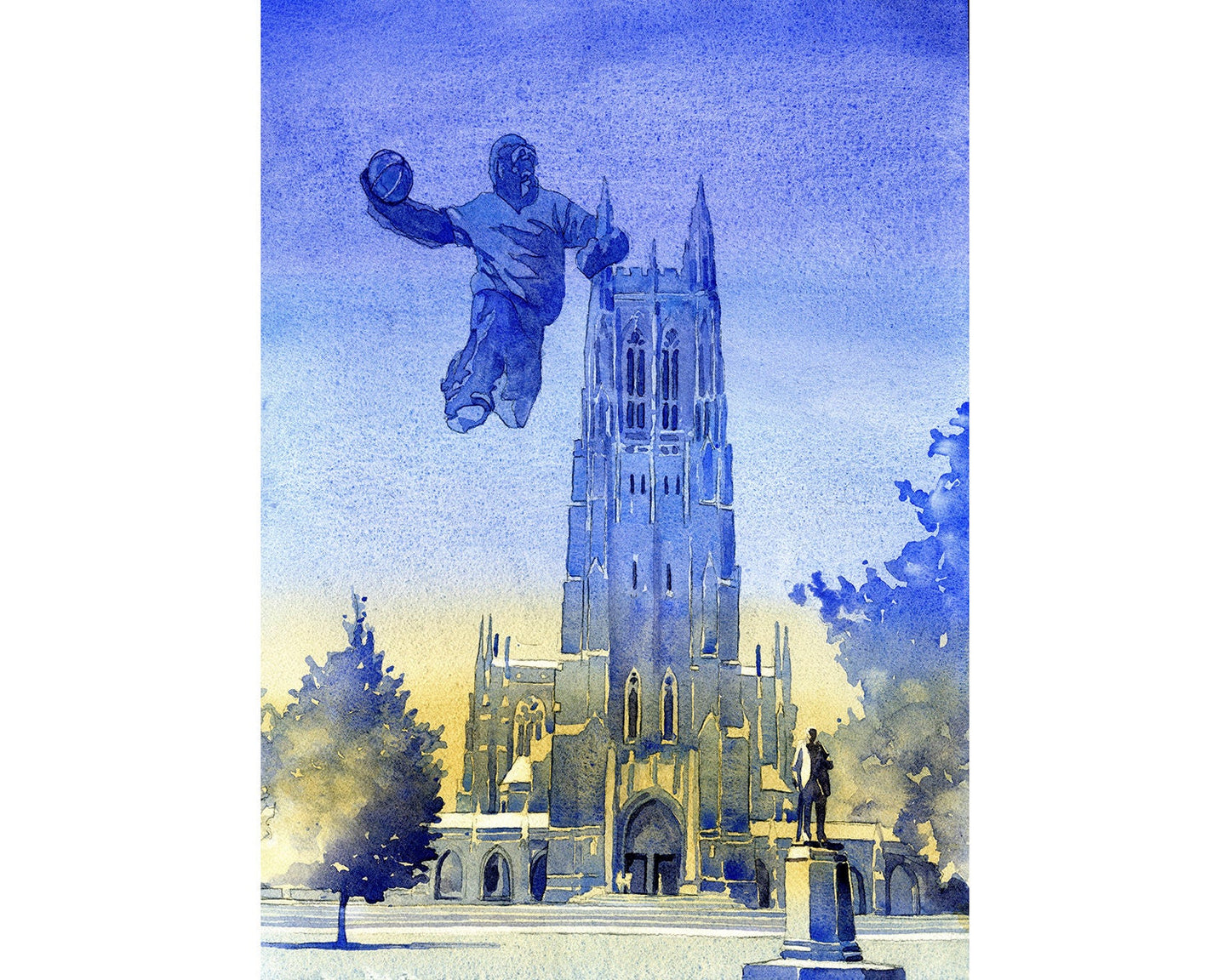 Duke Chapel watercolor print featuring a fierce monster slam dunking a basketball over the historic chapel, combining sports art and university iconography for a fun March Madness collectible.