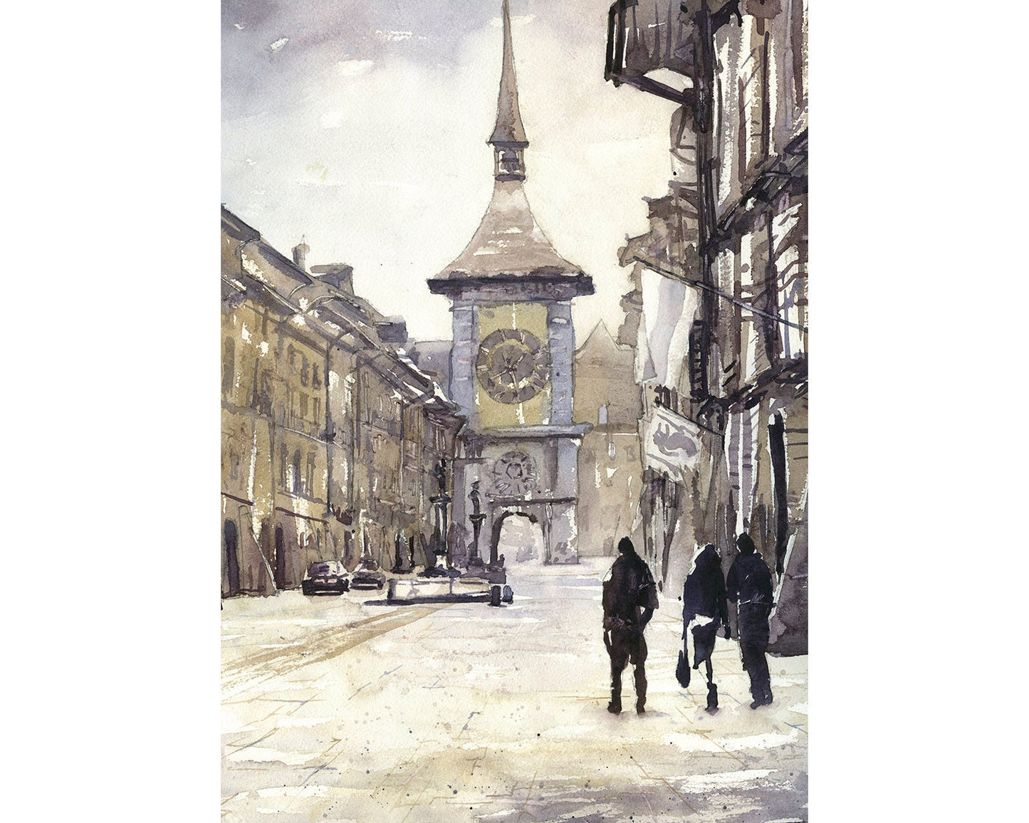 Bern, Switzerland street at dusk fine art painting. Switzerland fine art print home decor Bern watercolor Bern (print)