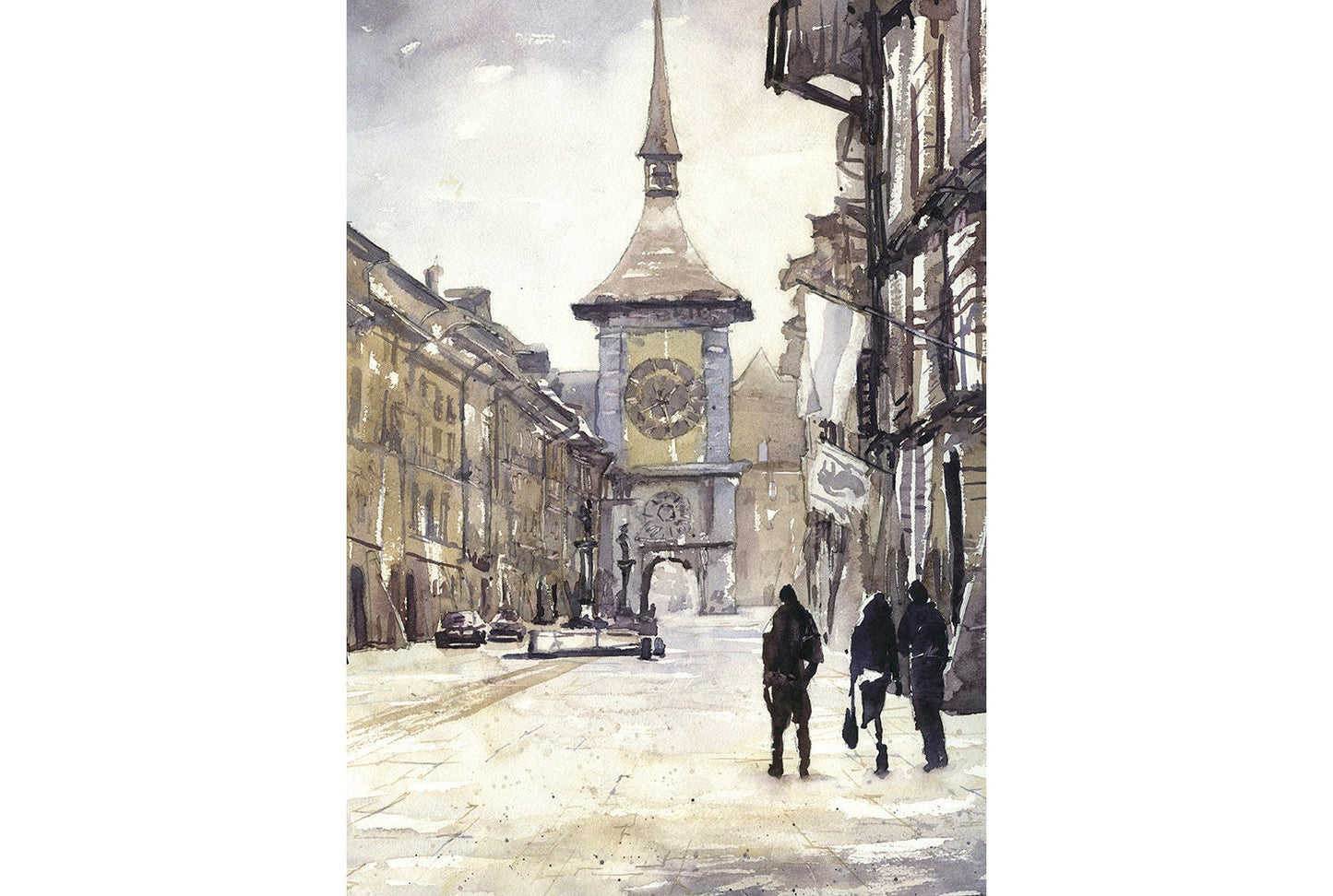 Bern, Switzerland street at dusk fine art painting. Switzerland fine art print home decor Bern watercolor Bern (print)