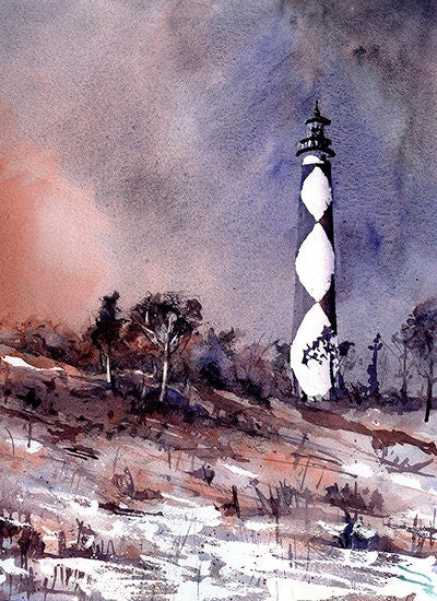 Watercolor painting of Cape Lookout lighthouse at sunset.  Outer Banks lighthouse artwork beach house art fine art watercolor lighthouse art