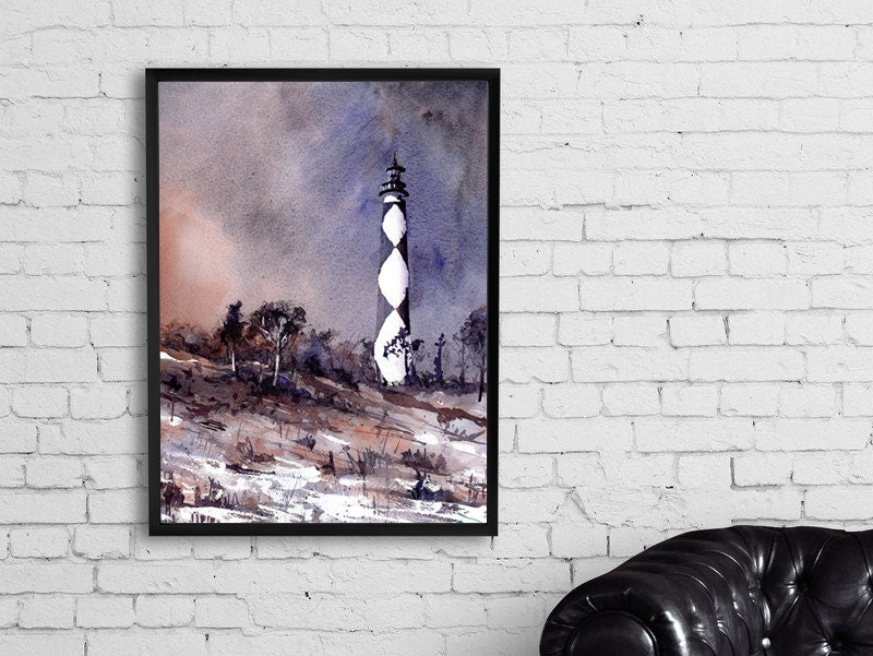 Watercolor painting of Cape Lookout lighthouse at sunset.  Outer Banks lighthouse artwork beach house art fine art watercolor lighthouse art