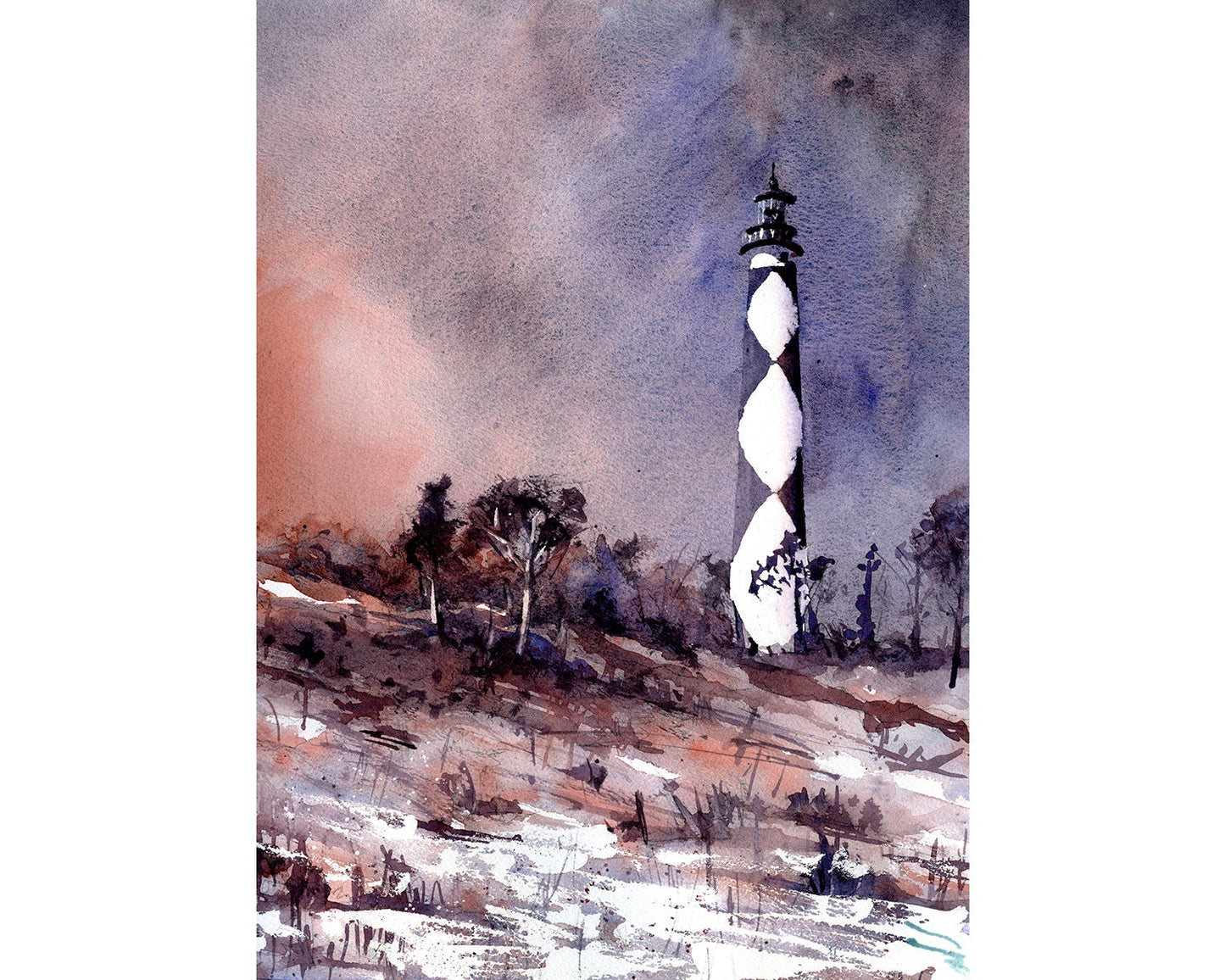 Watercolor painting of Cape Lookout lighthouse at sunset.  Outer Banks lighthouse artwork beach house art fine art watercolor lighthouse art