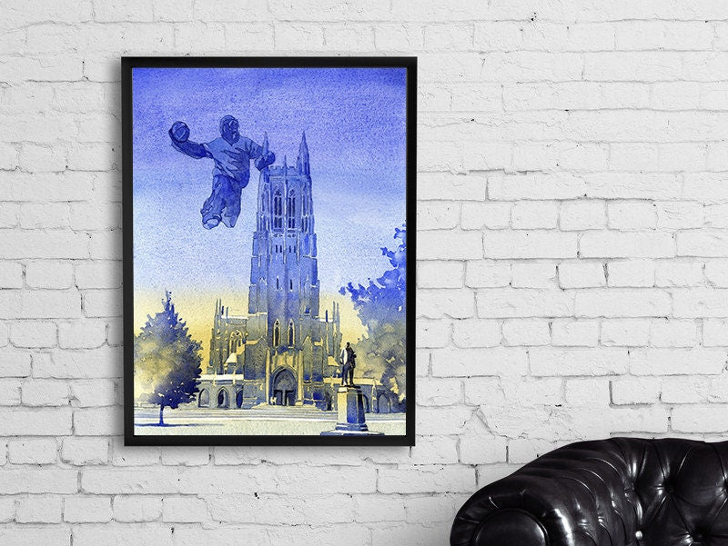 Surreal watercolor painting of a monster dunking on Duke Chapel in Durham, NC — a humorous and unique Duke Chapel university artwork and basketball-themed home decor piece.