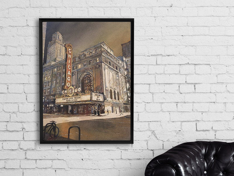 Chicago Theatre painting in downtown Chicago at sunset. Fine art watercolor painting of Chicago Theatre, Illinois.