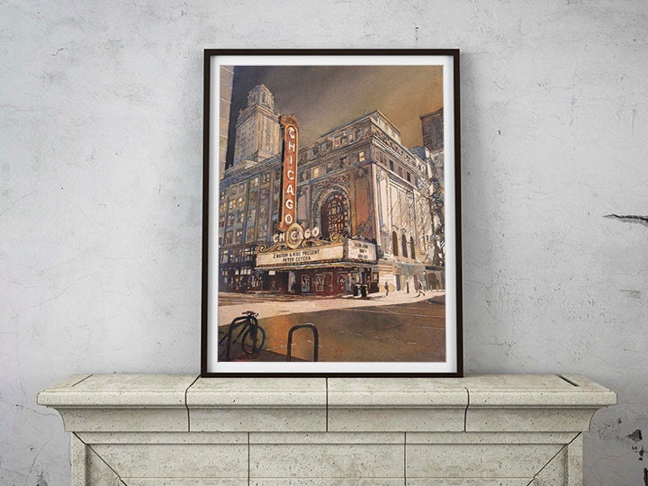 Chicago Theatre painting in downtown Chicago at sunset. Fine art watercolor painting of Chicago Theatre, Illinois.