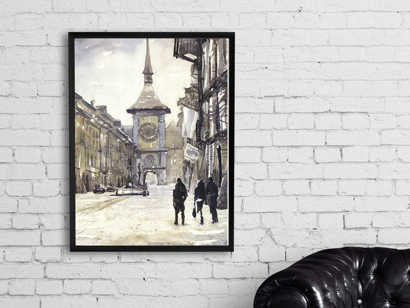 Bern, Switzerland street at dusk fine art painting. Switzerland fine art print home decor Bern watercolor Bern (print)