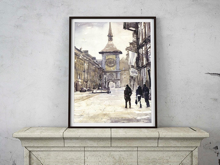 Bern, Switzerland street at dusk fine art painting. Switzerland fine art print home decor Bern watercolor Bern (print)