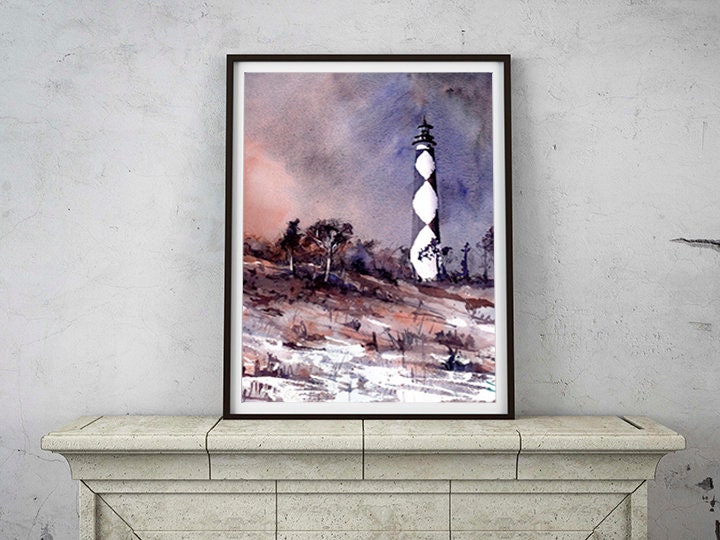 Watercolor painting of Cape Lookout lighthouse at sunset.  Outer Banks lighthouse artwork beach house art fine art watercolor lighthouse art