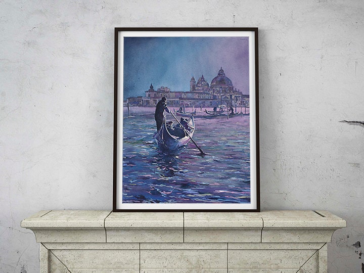 Atmospheric Venice painting with moonlit canal and iconic church in vibrant watercolor tones.