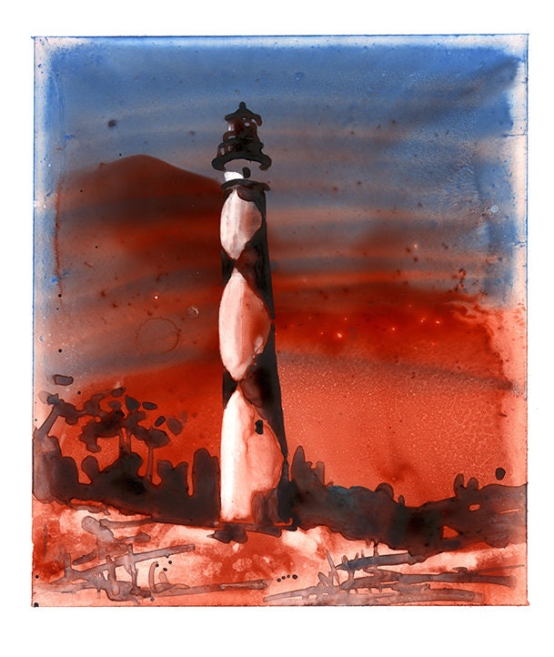 Faro de Cape Lookout en los Outer Banks de Carolina del Norte, EE.UU. al atardecer. Pintura del faro de arte de Outer Banks, Carolina del Norte (impresión)