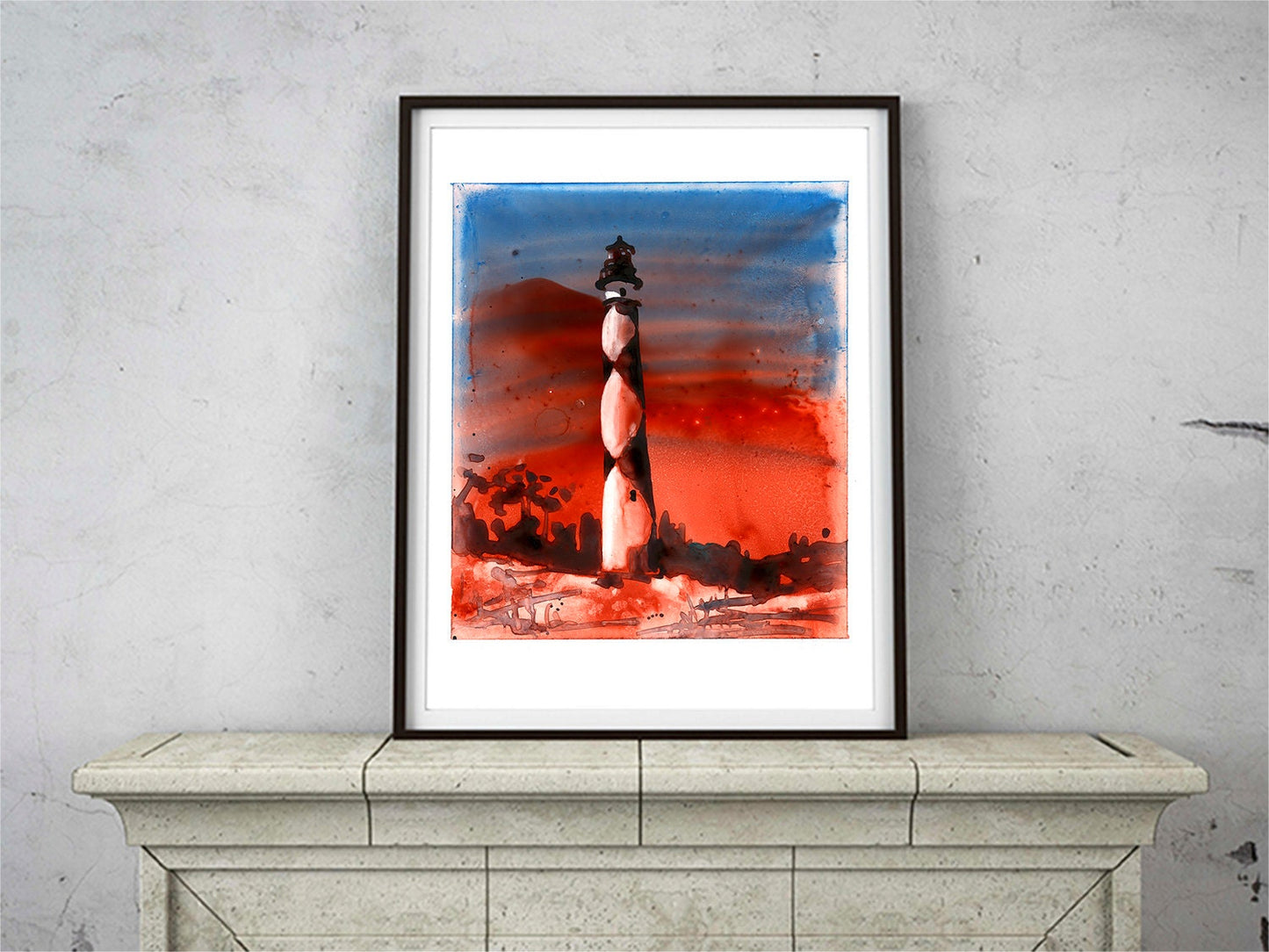 Faro de Cape Lookout en los Outer Banks de Carolina del Norte, EE.UU. al atardecer. Pintura del faro de arte de Outer Banks, Carolina del Norte (impresión)