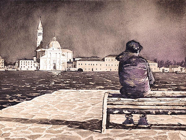 Obra de arte de Venecia, Italia. Niño sentado en un banco frente a la Iglesia de San Giorgio Maggiore en Venecia, Italia. Obra monocromática en blanco y negro Italia (impresión)