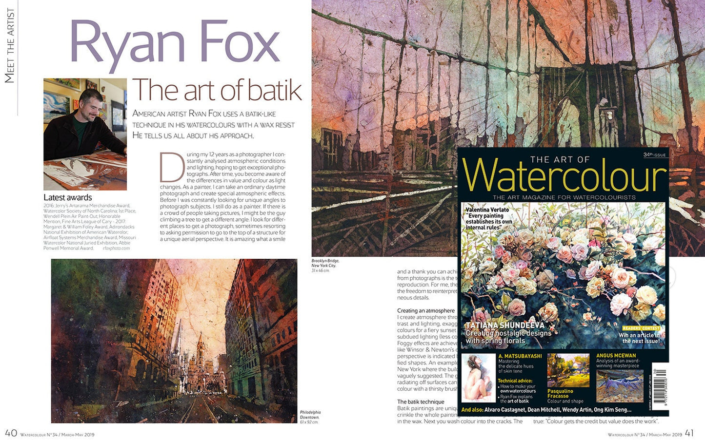 Feature spread of Raleigh artist Ryan Fox in The Art of Watercolour magazine, showcasing his award-winning batik-style watercolor paintings of Brooklyn Bridge and downtown Philadelphia. The article highlights Ryan's innovative use of wax resist techniques and his unique travel-inspired artwork. Keywords: Ryan Fox watercolor artist, original watercolor painting, interior design wall art, art for home or office, gift for him or her, travel-inspired fine art prints, real handmade watercolor.